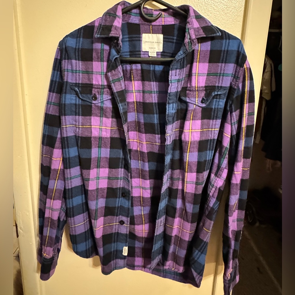 American Eagle Purple, Blue & Black Plaid Button-Up Shirt